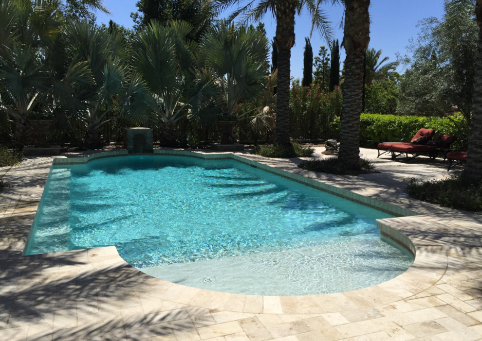 Foto de piscina con fuente natural exótica grande a medida en patio trasero con suelo de hormigón estampado