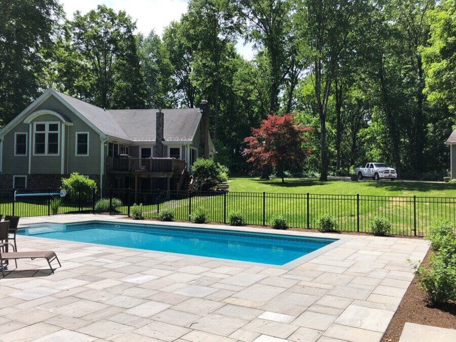 Diseño de piscina natural contemporánea rectangular en patio trasero con paisajismo de piscina y adoquines de piedra natural