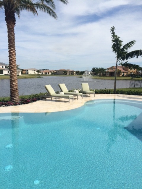 Photo of a large modern back kidney-shaped swimming pool in Miami with natural stone paving.