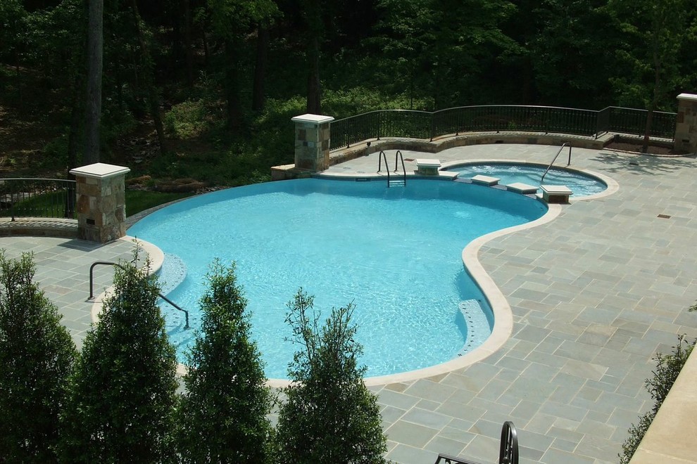 Modelo de piscina natural clásica de tamaño medio tipo riñón en patio trasero con adoquines de piedra natural