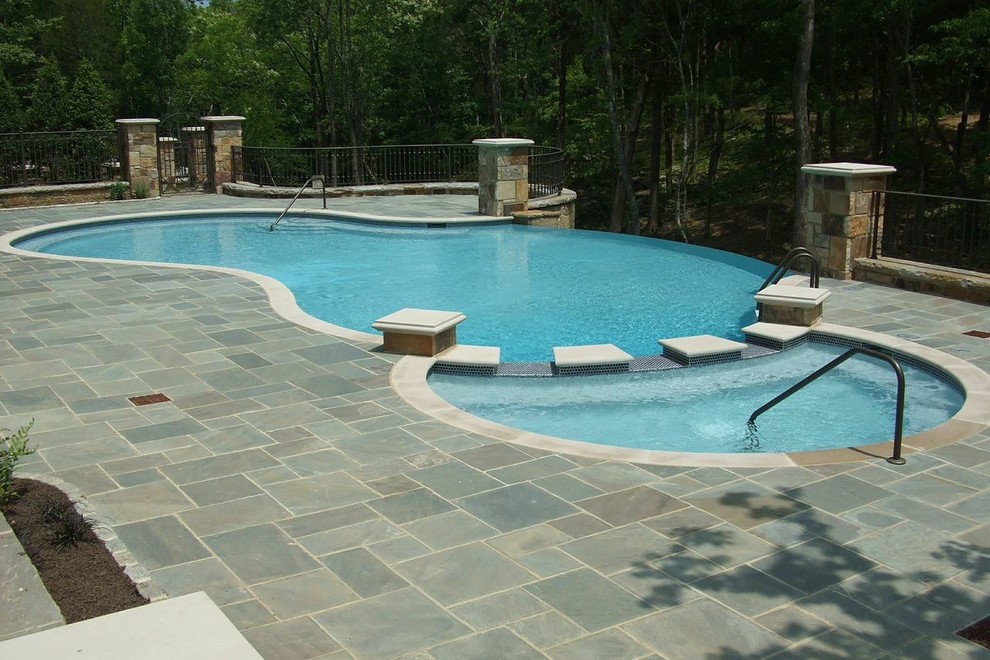 Идея дизайна: естественный бассейн среднего размера, произвольной формы на заднем дворе в классическом стиле с мощением тротуарной плиткой