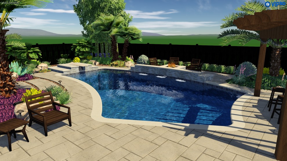 Источник вдохновения для домашнего уюта: большой угловой бассейн на заднем дворе в морском стиле с покрытием из декоративного бетона