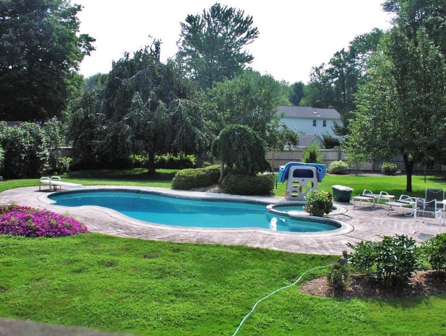 Imagen de piscinas y jacuzzis minimalistas grandes a medida en patio trasero con suelo de hormigón estampado