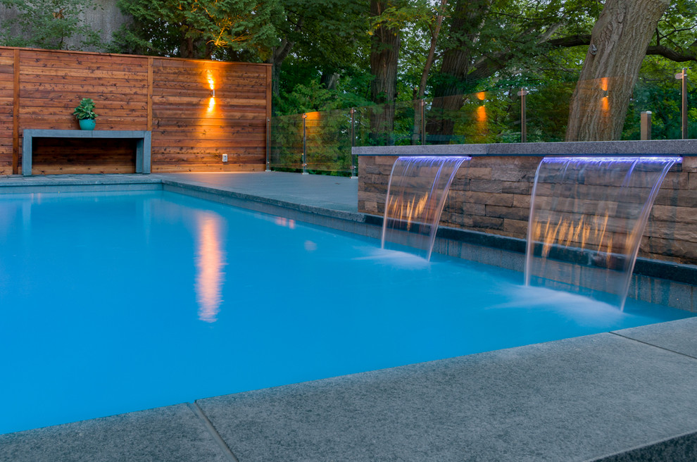 Foto de piscina con fuente alargada actual grande rectangular en patio trasero con entablado