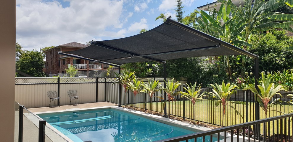 Modelo de piscina natural moderna de tamaño medio rectangular en patio trasero con entablado