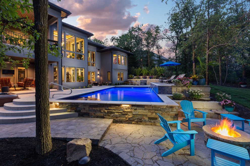 Inspiration for a mid-sized contemporary backyard rectangular pool fountain remodel in Kansas City