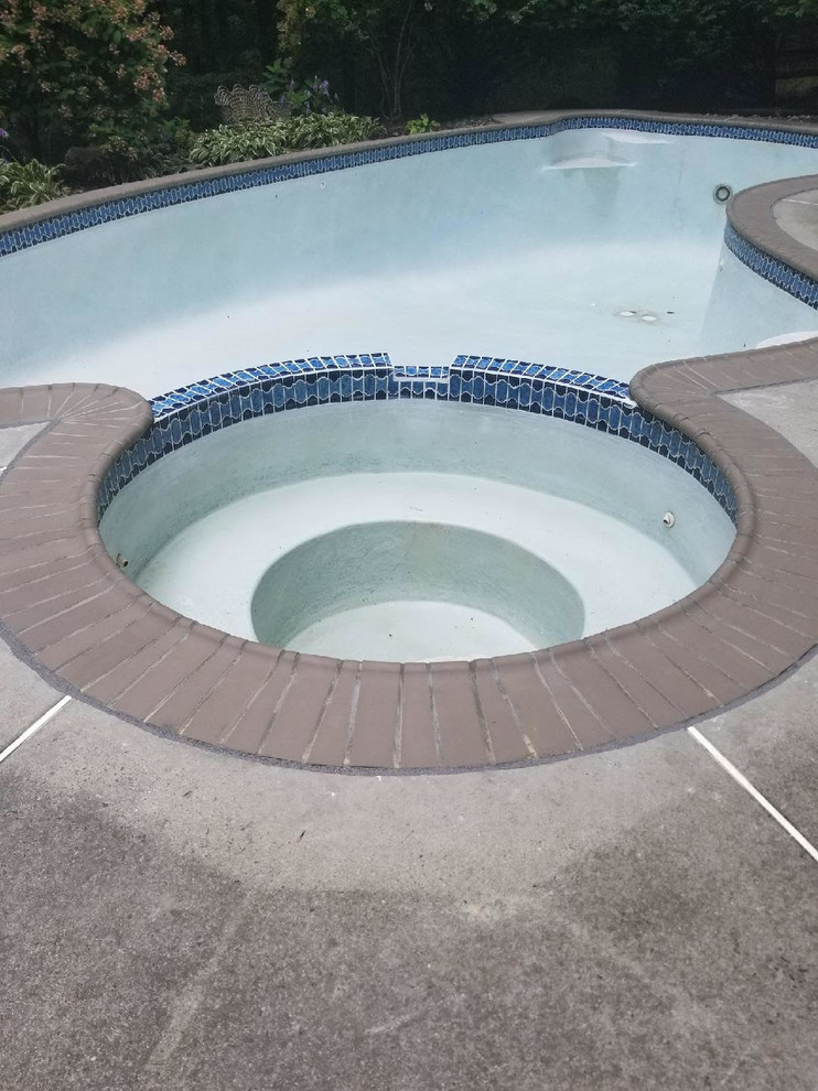 Foto de piscina natural tradicional de tamaño medio a medida en patio trasero con adoquines de ladrillo