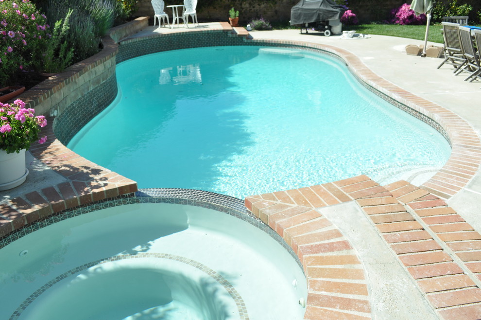 Immagine di una piscina monocorsia classica a "C" di medie dimensioni e dietro casa con una vasca idromassaggio e lastre di cemento