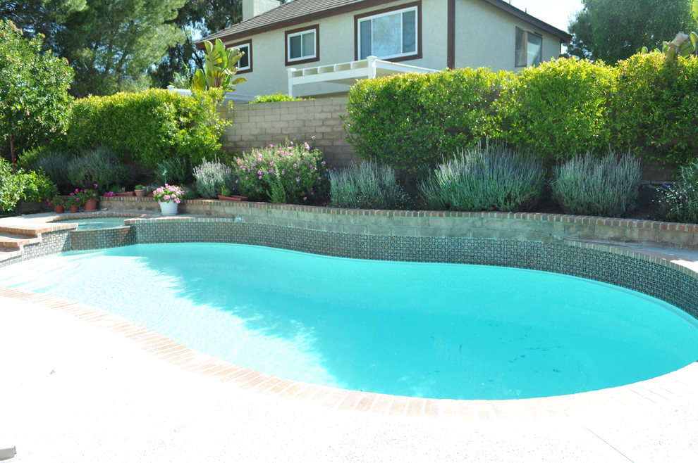 Esempio di una piscina monocorsia chic a "C" di medie dimensioni e dietro casa con una vasca idromassaggio e lastre di cemento