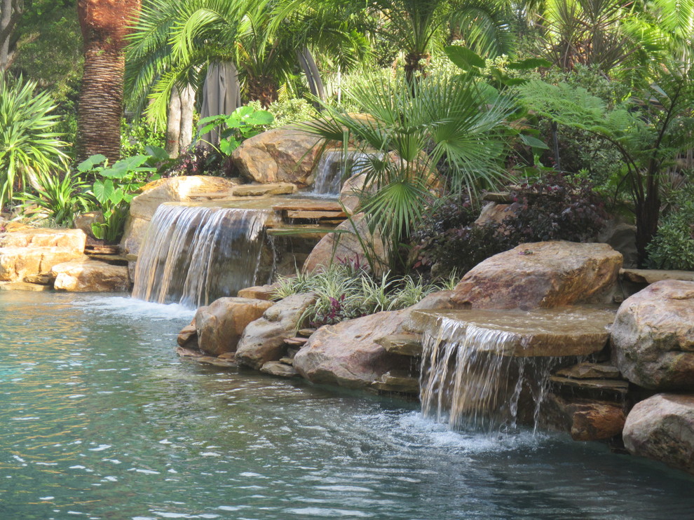 Foto de piscina con fuente natural exótica grande en patio trasero