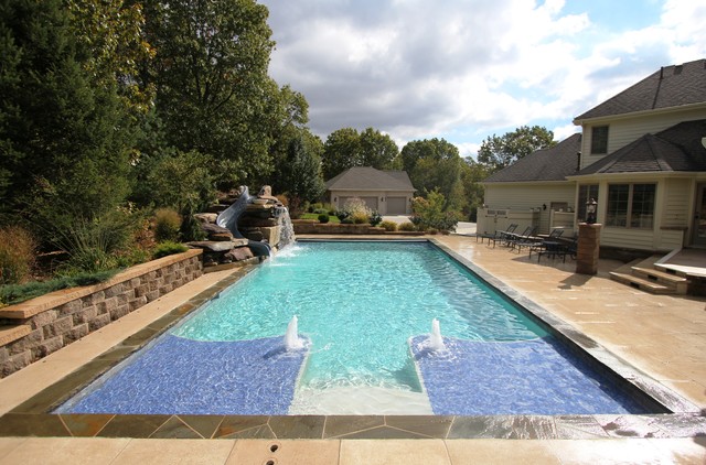 Pool With Oversized Tanning Ledges And Fire Feature Water Slide Traditional Swimming Pool