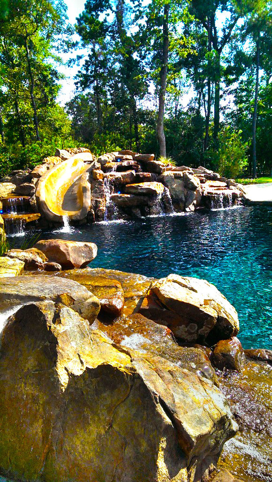 Pool with Rock Slide Tropical Pool Houston by Absolutely
