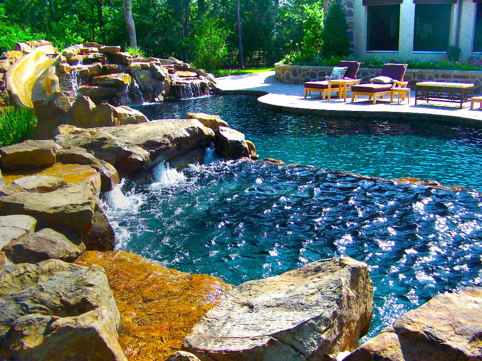 Pool with Rock Slide Tropical Pool Houston by Absolutely