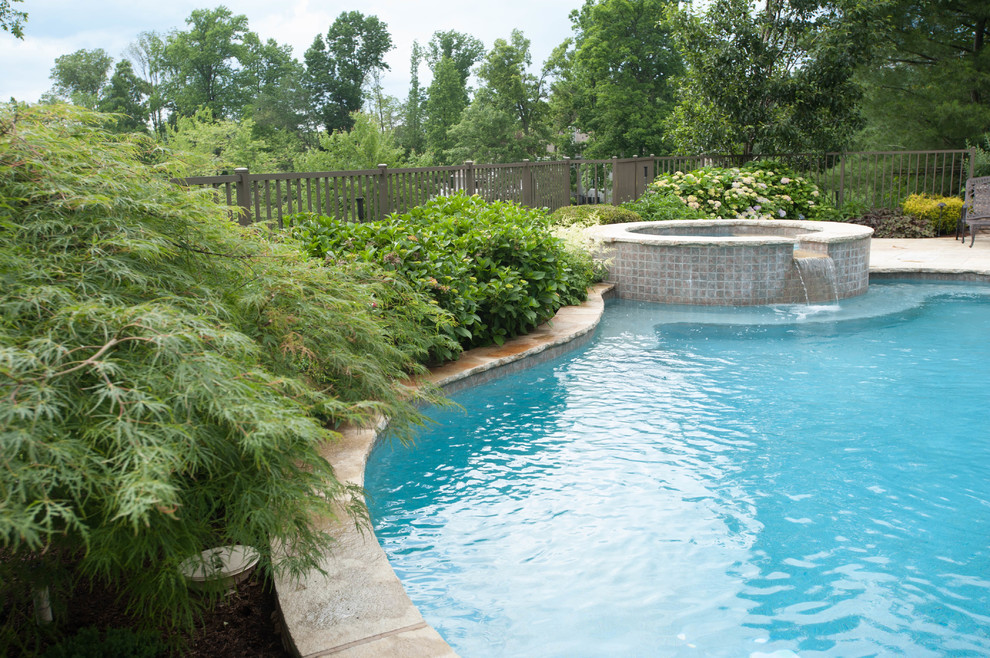 Пример оригинального дизайна: большой естественный бассейн в форме фасоли на заднем дворе в стиле неоклассика (современная классика) с джакузи и мощением тротуарной плиткой