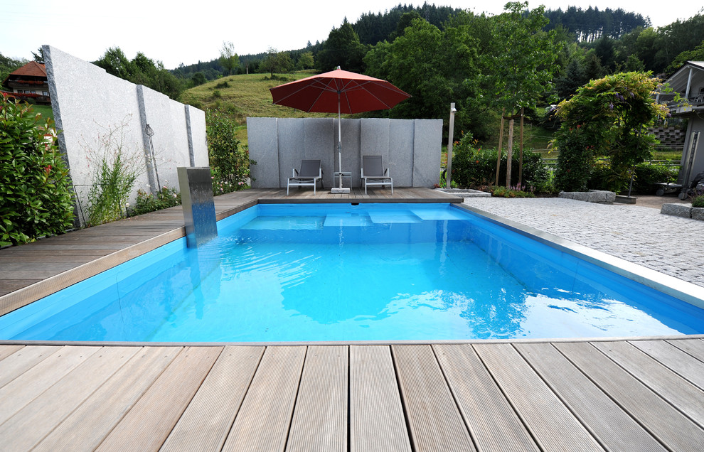 Ispirazione per una grande piscina monocorsia design rettangolare dietro casa con pedane e fontane