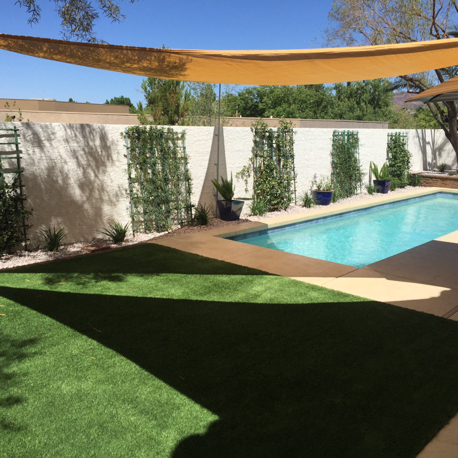 Immagine di una piscina monocorsia chic rettangolare di medie dimensioni e dietro casa con lastre di cemento