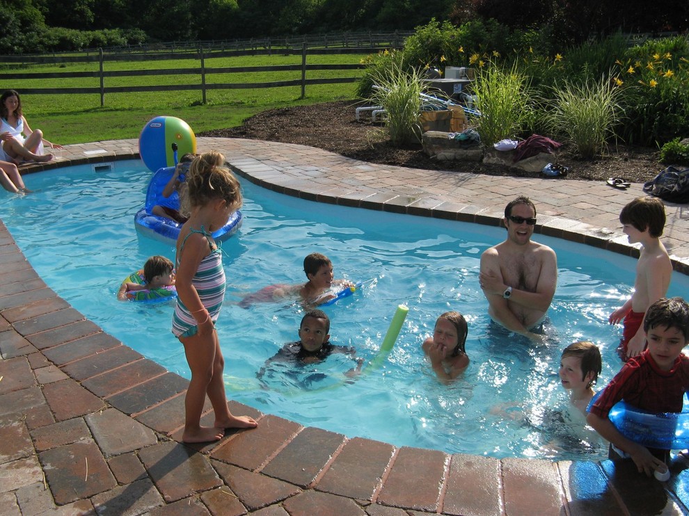 Imagen de piscina con fuente moderna pequeña tipo riñón en patio trasero