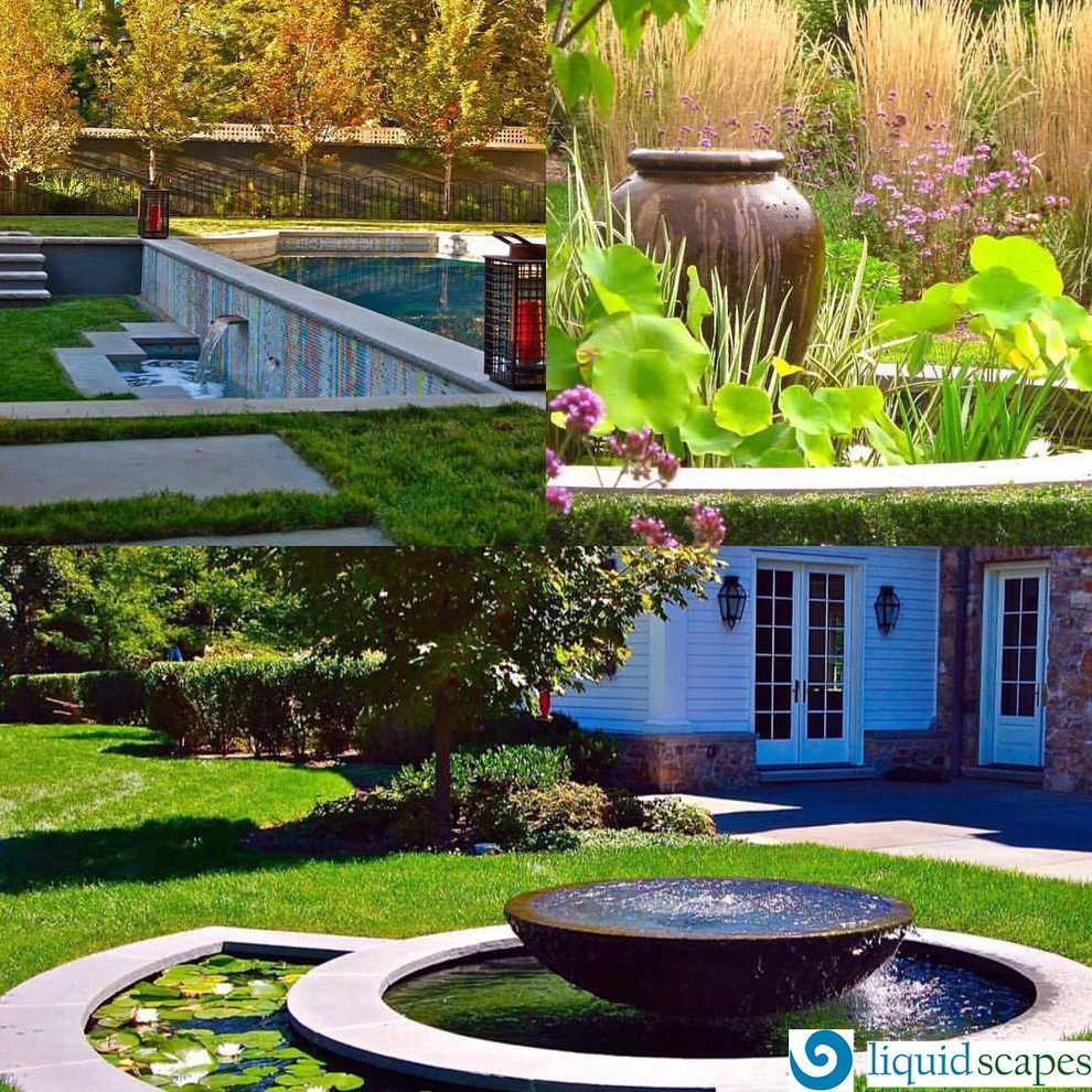 This is an example of a medium sized modern back rectangular infinity swimming pool in New York with a water feature and tiled flooring.