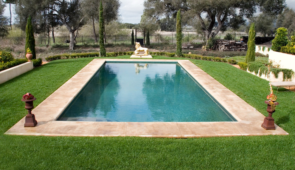 Foto di una piscina monocorsia boho chic rettangolare di medie dimensioni e dietro casa con pavimentazioni in cemento e fontane