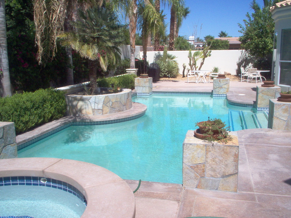 Foto di una piscina naturale tropicale personalizzata di medie dimensioni e dietro casa con una vasca idromassaggio e pedane