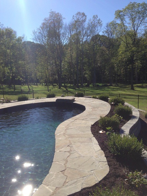 Inspiration pour un piscine avec aménagement paysager design avec des pavés en pierre naturelle.