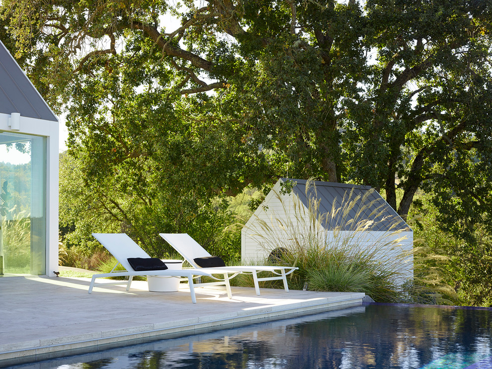 Idee per una grande piscina monocorsia country rettangolare dietro casa con pavimentazioni in pietra naturale