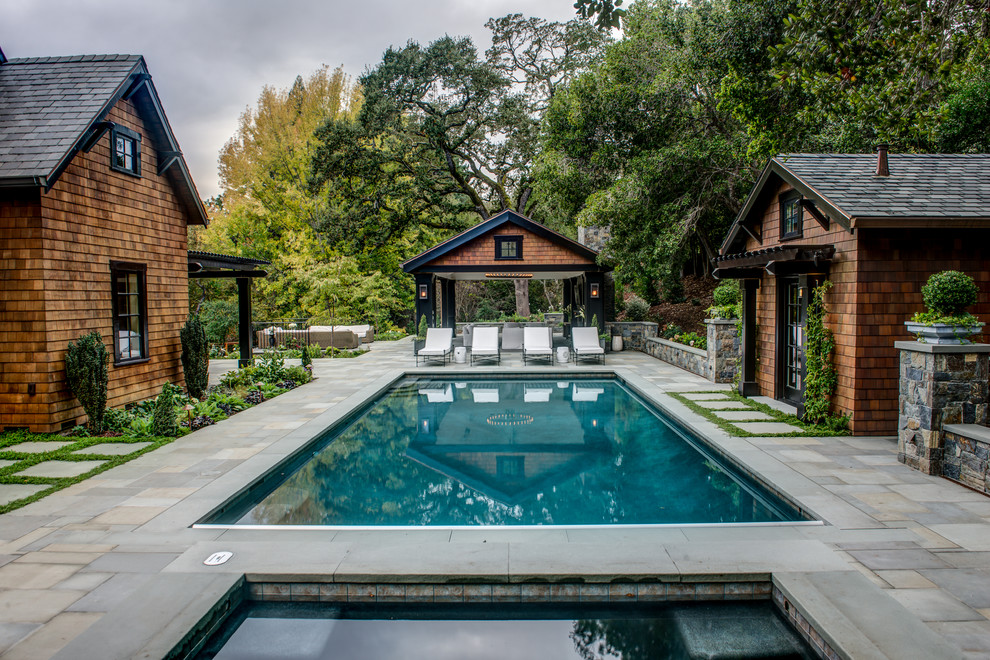 Inspiration for a huge transitional side yard stone and rectangular lap hot tub remodel in San Francisco