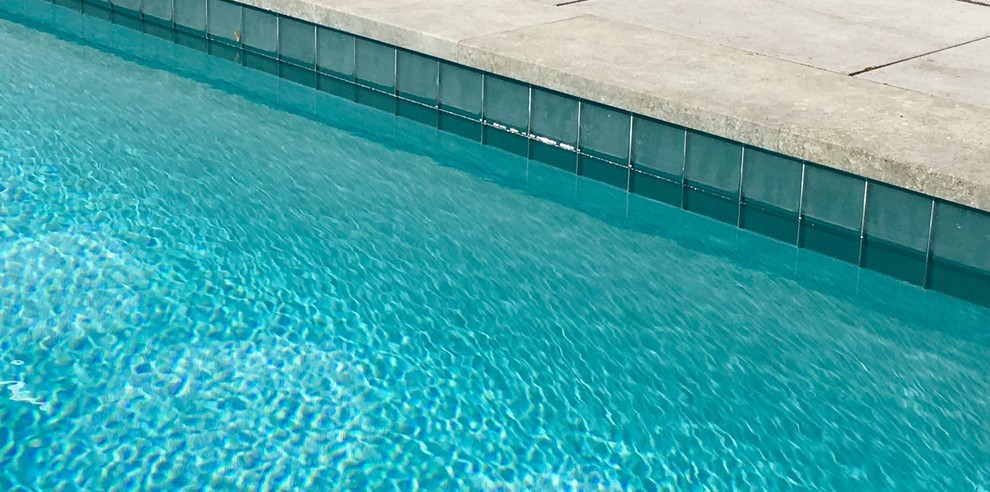 Diseño de piscina alargada moderna grande rectangular en patio trasero con suelo de baldosas