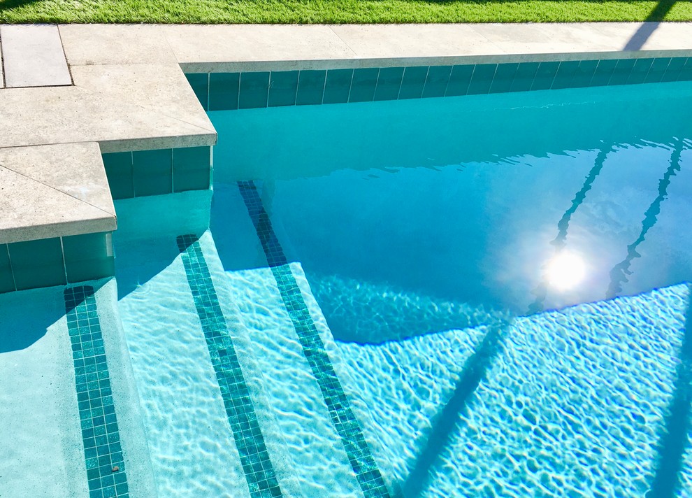 Foto de piscina alargada moderna grande rectangular en patio trasero con suelo de baldosas