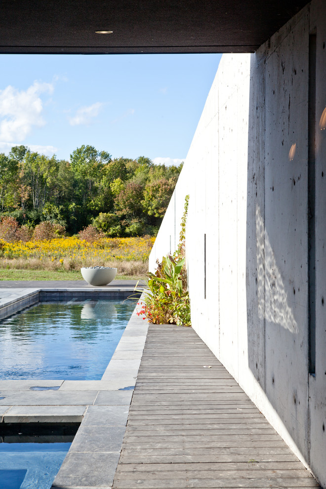 Cette image montre un grand couloir de nage latéral minimaliste rectangle avec un bain bouillonnant et des pavés en pierre naturelle.
