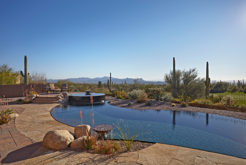 Large back custom shaped infinity swimming pool in Phoenix with a water feature and concrete paving.