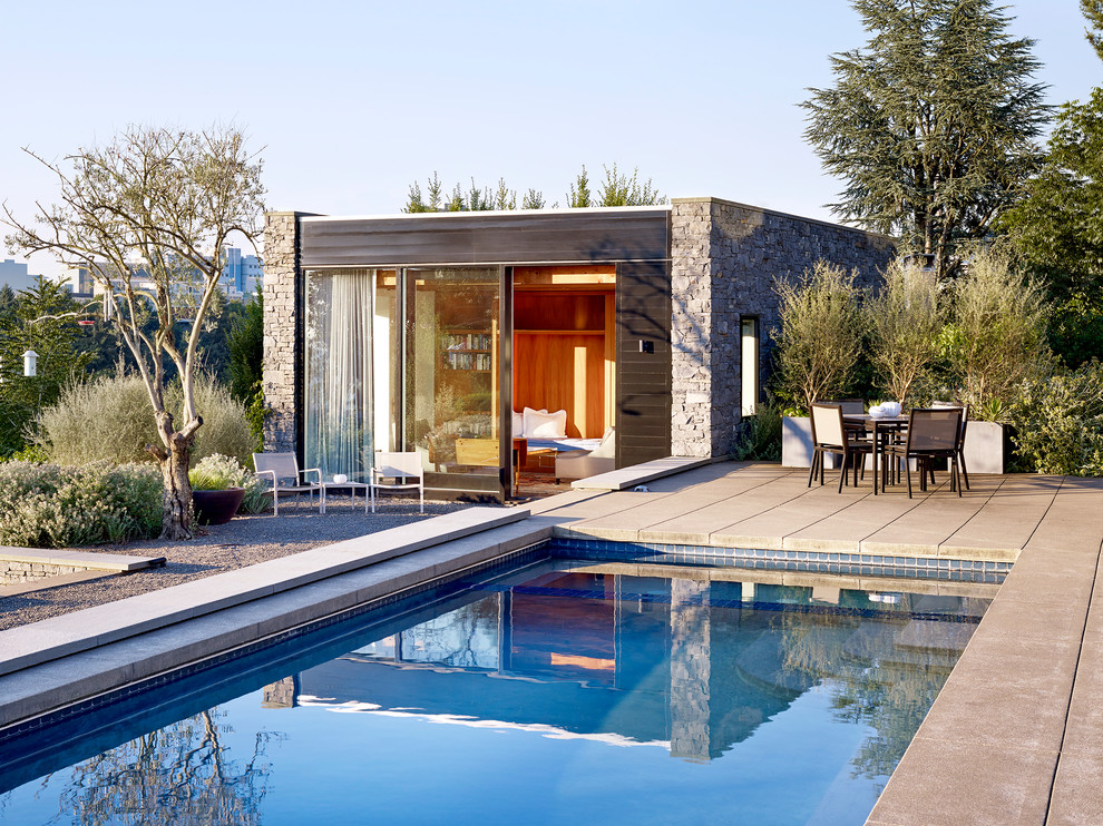 Ispirazione per una piscina monocorsia moderna rettangolare di medie dimensioni e dietro casa con una dépendance a bordo piscina e graniglia di granito