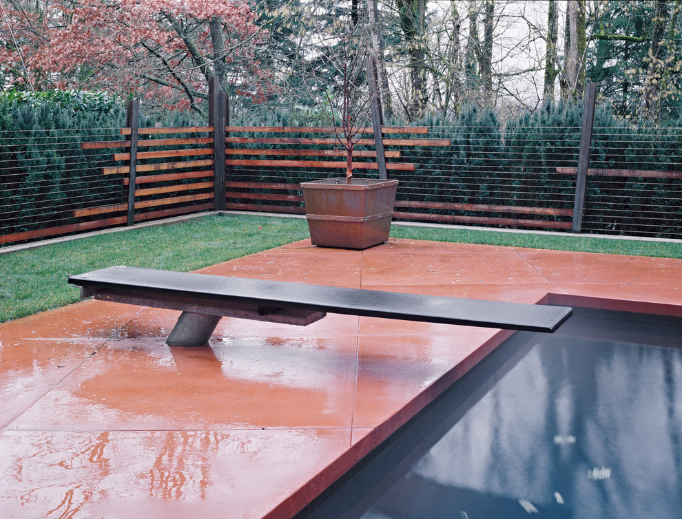 Diseño de piscina alargada contemporánea grande en patio trasero con losas de hormigón