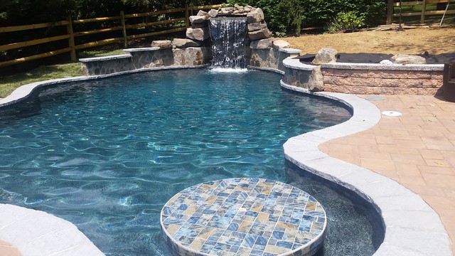 Precision Pool with Grotto, fire pit, tanning ledge & floating table -  Coastal - Swimming Pool & Hot Tub - Baltimore - by Precision Pools Of  Maryland | Houzz UK