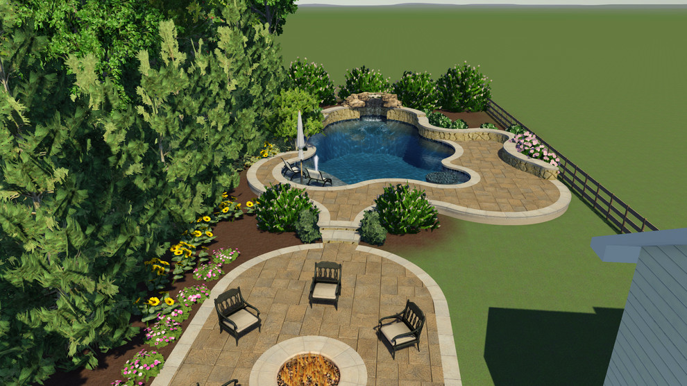 Design ideas for a small coastal back custom shaped natural swimming pool in Baltimore with a water feature and concrete paving.