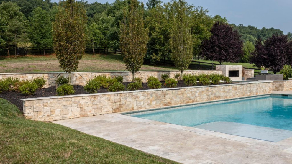 Elegant backyard stone and rectangular lap pool photo in Other