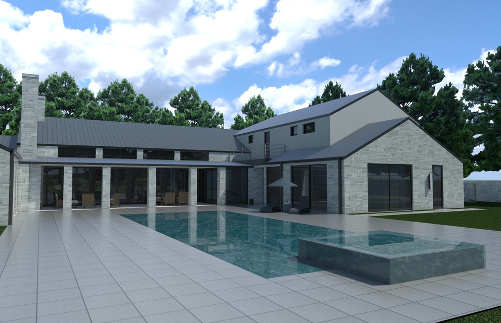 Large contemporary back rectangular lengths swimming pool in Other with a pool house and concrete paving.