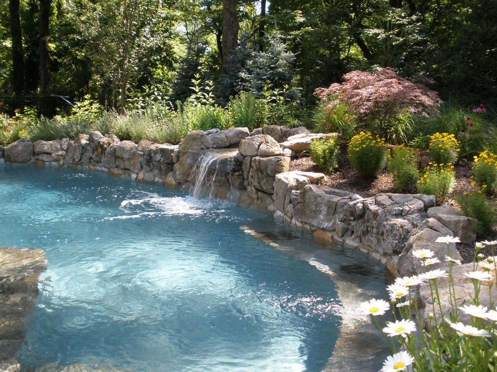 Diseño de piscina con fuente clásica de tamaño medio tipo riñón en patio trasero