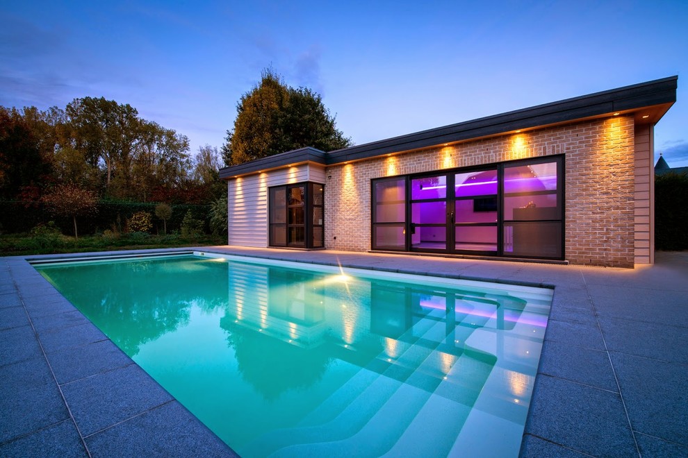 Immagine di una grande piscina monocorsia contemporanea rettangolare dietro casa con una dépendance a bordo piscina e pavimentazioni in cemento