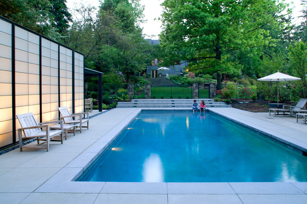 Idee per una grande piscina minimal rettangolare dietro casa con una dépendance a bordo piscina e pavimentazioni in pietra naturale