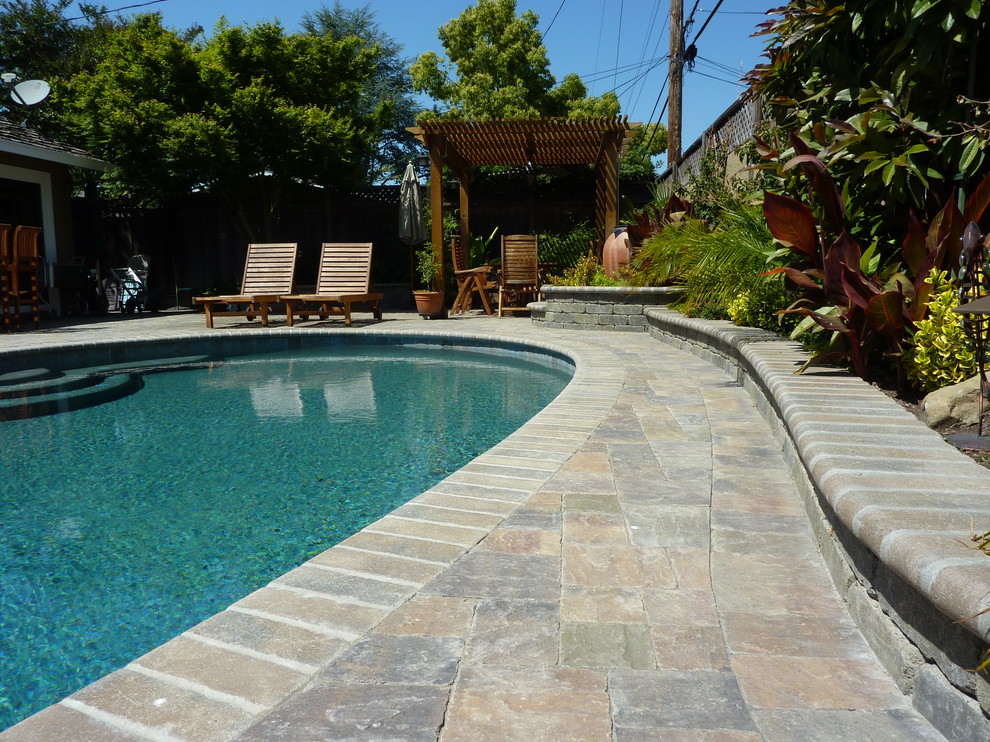 Cette photo montre une piscine arrière sud-ouest américain en forme de haricot de taille moyenne.