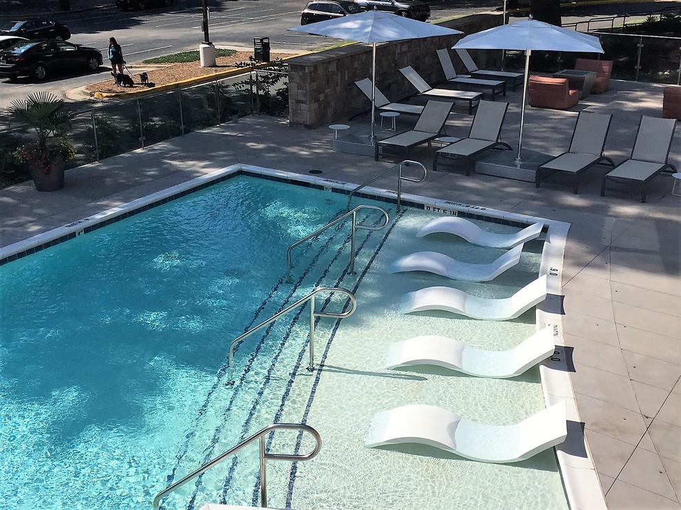 Imagen de piscina alargada minimalista de tamaño medio a medida en patio lateral con losas de hormigón