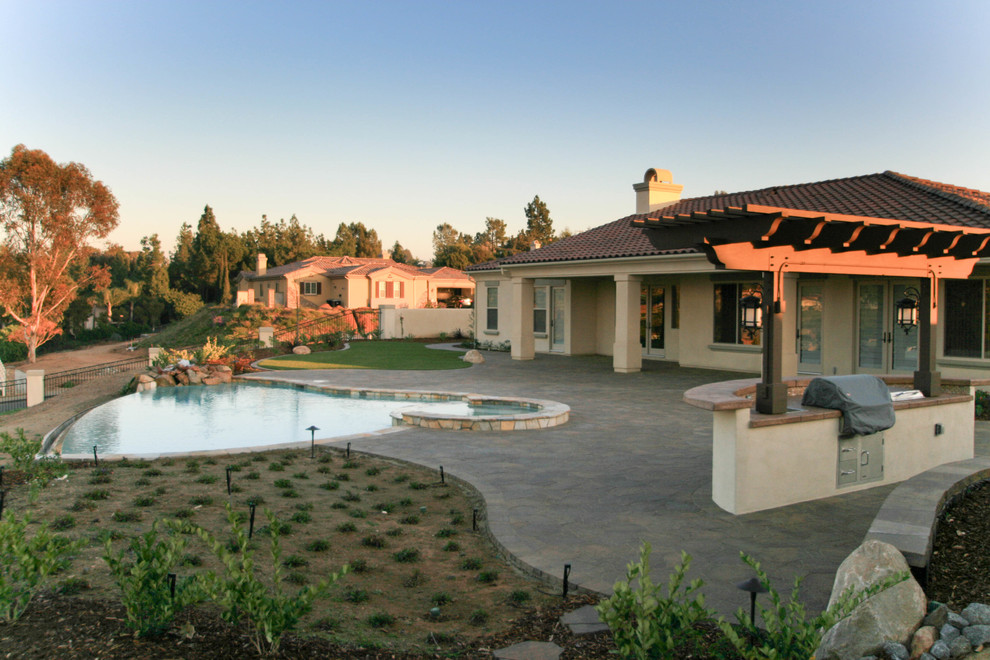 Diseño de piscinas y jacuzzis naturales tradicionales renovados grandes a medida en patio trasero con adoquines de hormigón
