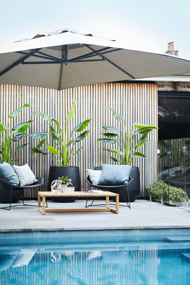 Mittelgroßer, Gefliester Moderner Pool hinter dem Haus in individueller Form in Sydney