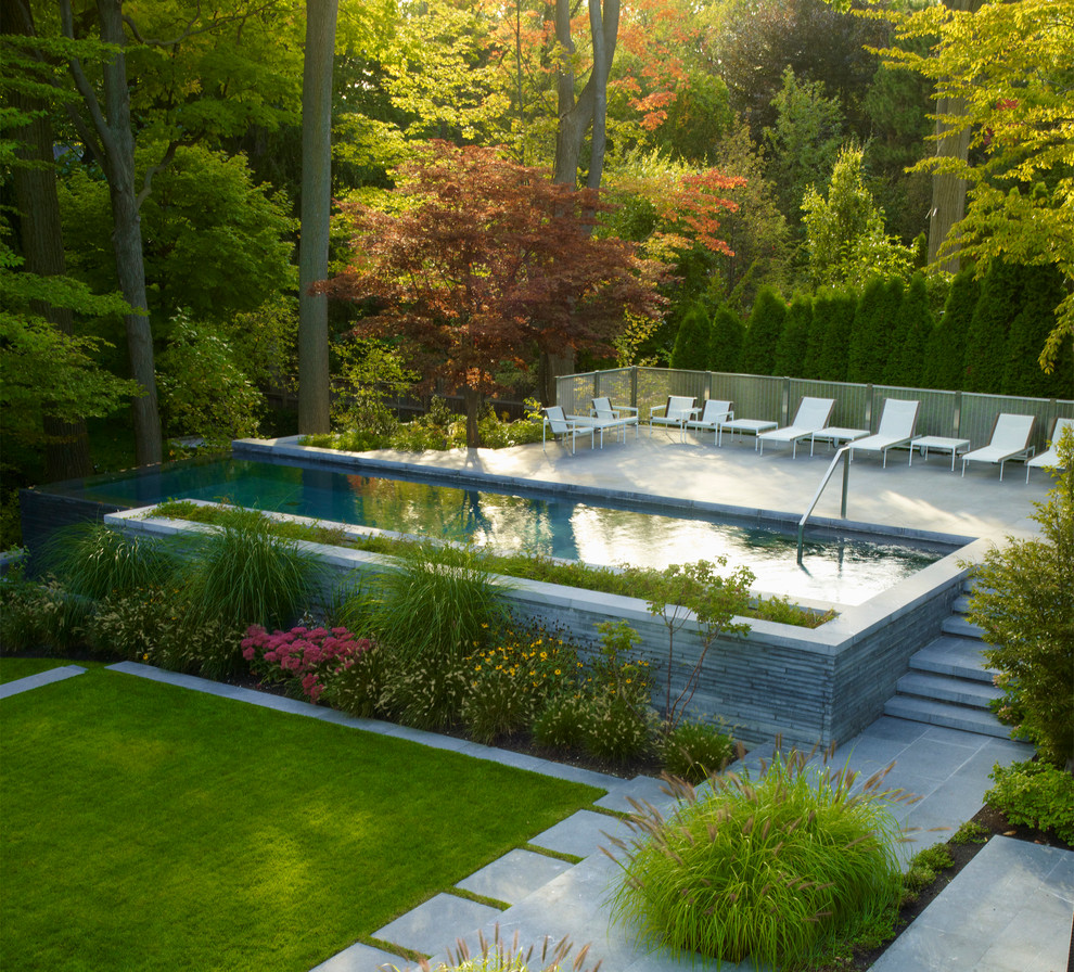 Пример оригинального дизайна: прямоугольный бассейн на заднем дворе в современном стиле с покрытием из бетонных плит