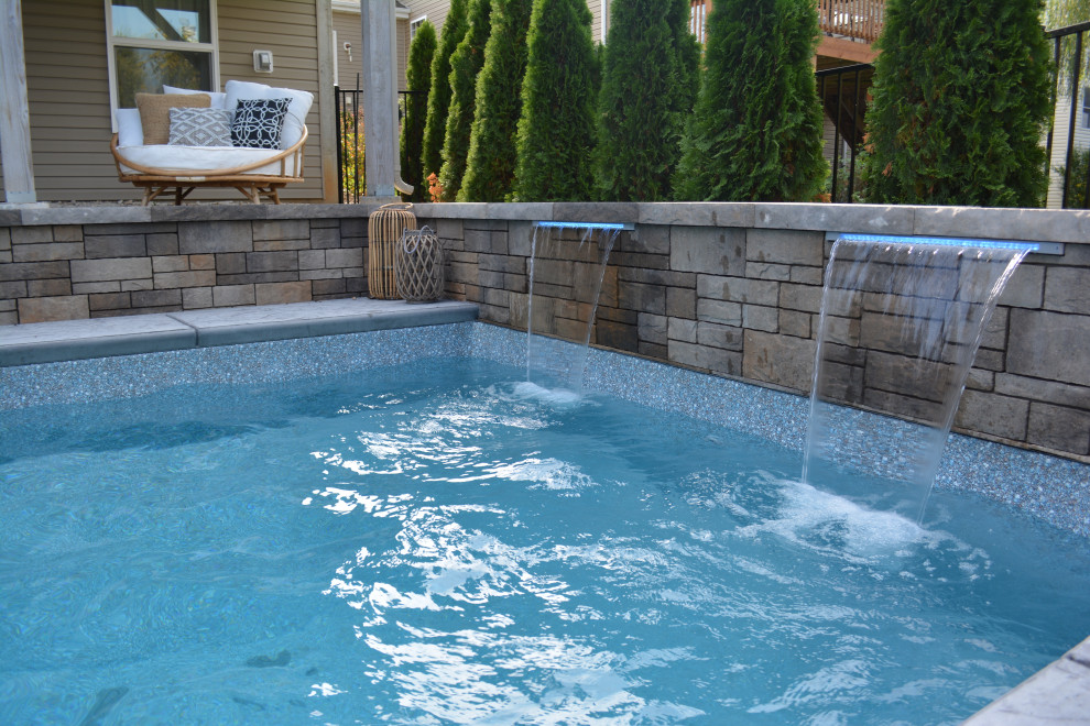 Imagen de piscina natural moderna grande rectangular en patio trasero con paisajismo de piscina y suelo de hormigón estampado