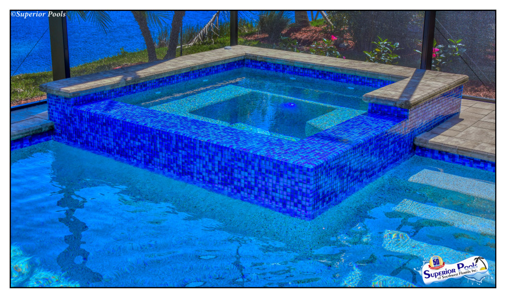This is an example of a medium sized contemporary back rectangular lengths swimming pool in Tampa with a pool house and brick paving.