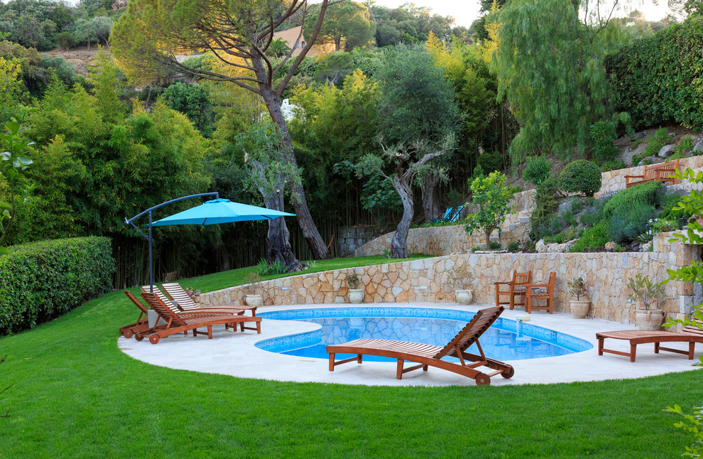 Пример оригинального дизайна: бассейн в форме фасоли на заднем дворе в средиземноморском стиле