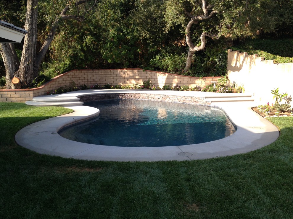 Modelo de piscina con fuente natural clásica renovada de tamaño medio a medida en patio trasero con losas de hormigón