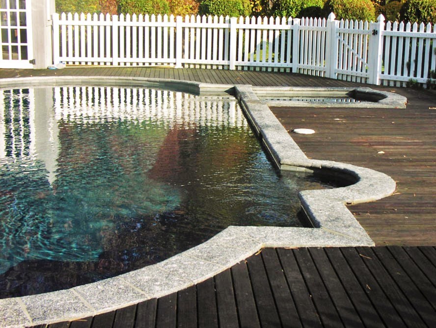 This is an example of a large modern back custom shaped hot tub in New York with stamped concrete.